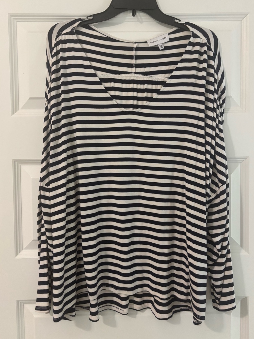 Navy & White Striped V-Neck Long Sleeve Tee